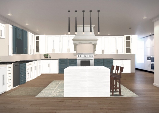 white and blue minimalist kitchen Design Rendering
