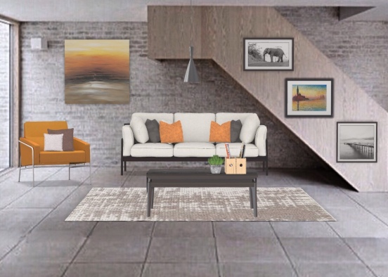 pop of orange living room Design Rendering