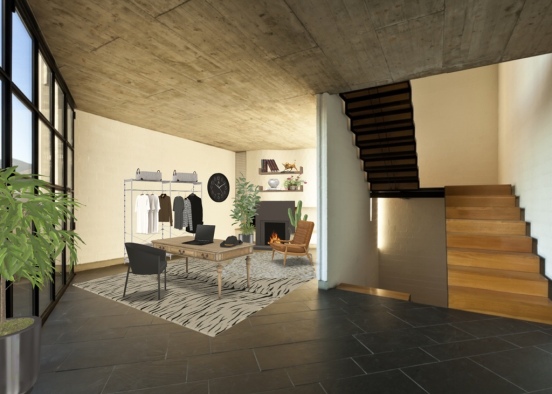 Rustic Design Studio with functional storage and showcase. Design Rendering