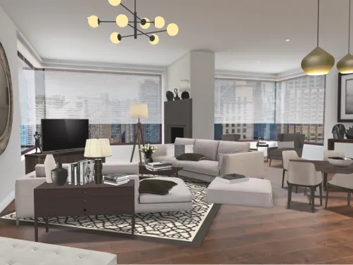 Offenes Wohnzimmer und ein Essbereich mit Blick auf die Großstadt 