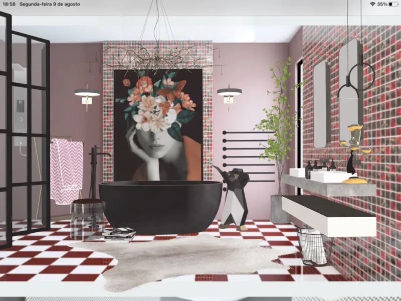 funky and funny bathroom! with leaf motifs and pastel-green tiles