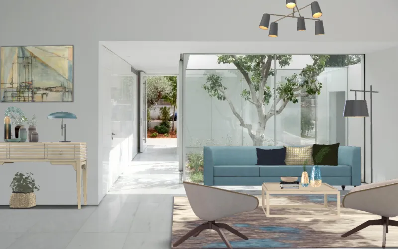 Light-filled minimalist bedroom with pale blue walls, white oak flooring, and sparse Scandinavian furniture