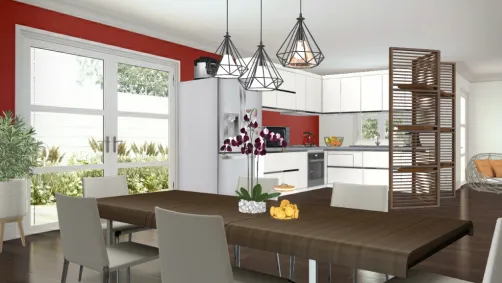 Cozinha e mesa de jantar