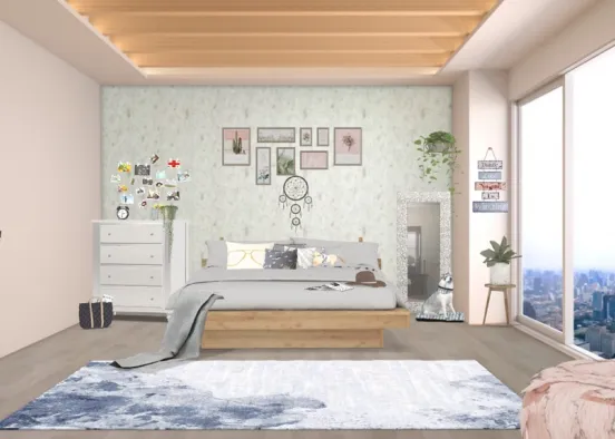 cute bedroom with a view of the city out of the windows  Design Rendering