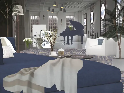 Open studio apartment. I am not much of a blue lover. I prefer the blue grey..I just like the very soft art and hopefully the darker doesn't take away from the art.
