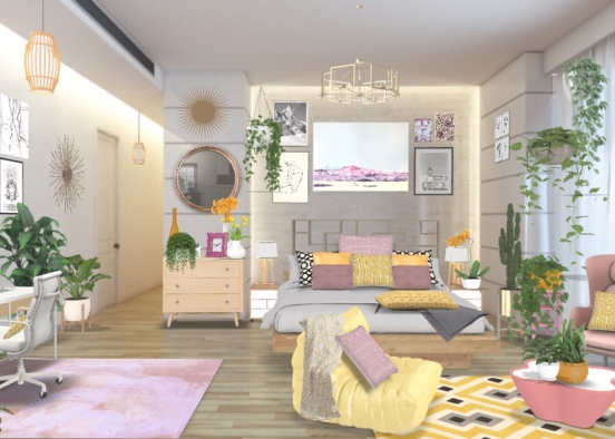 Yellow, pink & wood toned room ✨ Design Rendering