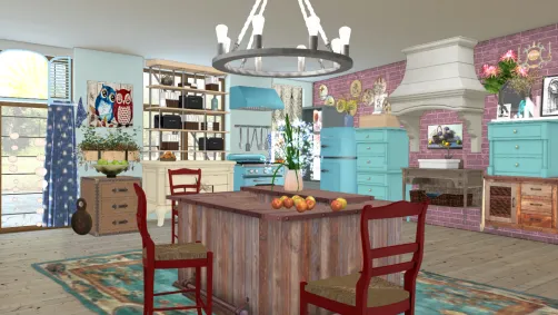 Shabby chic kitchen w pink brick wall