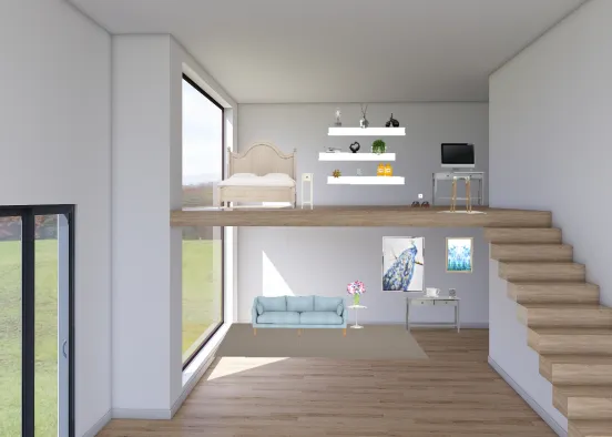 A living room/bedroom  Design Rendering