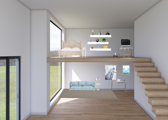 A living room/bedroom  Design Rendering