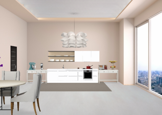 A beautiful dining room and kitchen to cook and bake in . Design Rendering