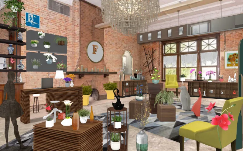 Emporium por federica Fo — un interior meticulosamente organizado inspirado en ventas de plantas con zonas etiquetadas, estaciones de riego accesibles y exposición luminosa constante