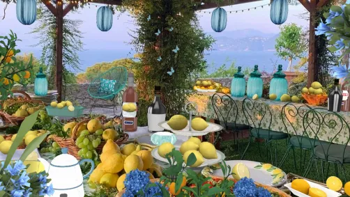All ready to make limoncino, here on the Amalfi Coast, Italy🇮🇹.  Lemons are ready, bottles and bowls..the blue sea.💦🍋🍋🍶