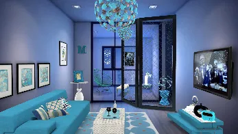 Shades of blue living room design by Mary Valerio featuring soft blue walls, beige sectional, wooden coffee table, and potted greenery