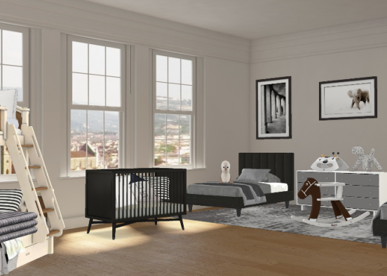 Big family modern version:tween kid toddlers and a baby all in one room Design Rendering
