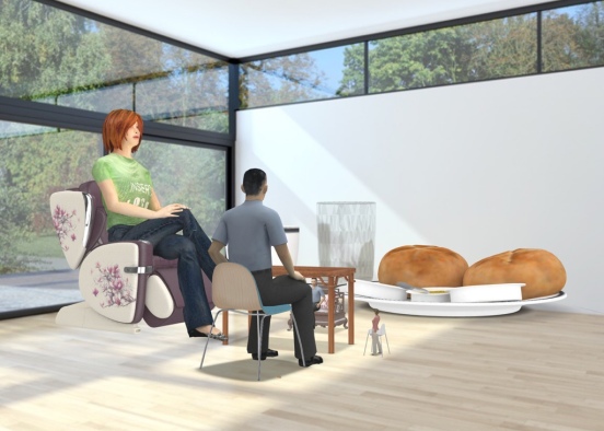 four people sitting at a table with a big piece of bread and orange juice with a tiny person sitting on a bed on the ground  Design Rendering
