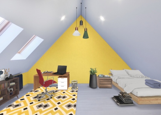 Office And Bed In An Attic Design Rendering