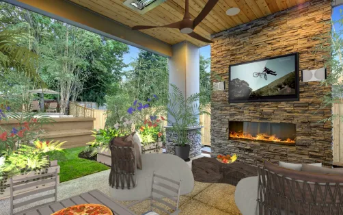Tropical Patio with Pool in yard