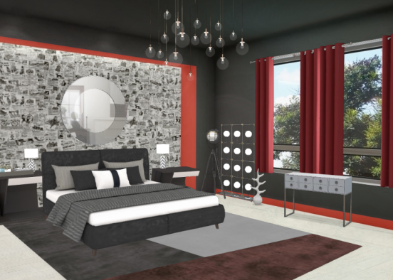 black white & red young teen room  Design Rendering