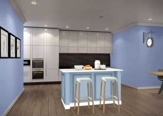 Cozinha e sala de jantar decoradas em azul e preto Design Rendering