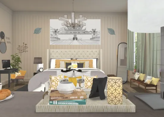 guest bedroom -golden brick  Design Rendering