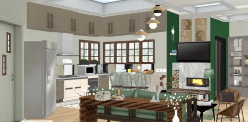 Cozinha. Conjugada Com sala de estar Do Marrom Ao Verde  Misturinha Rústico 🍃🍂🌾