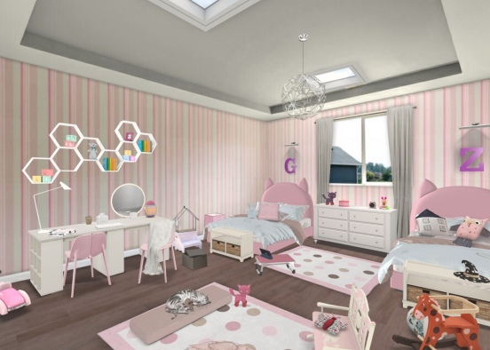 Twins bedroom - pink universe  Design Rendering