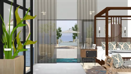 Sala de banho conjugada com quarto com vista para o mar. 