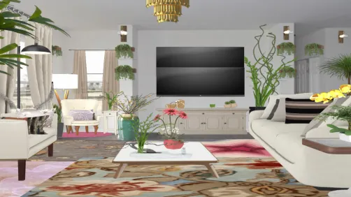 Sala de estar com muita iluminação natural.Paredes e móveis de cores neutras. O destaque na decoração ficou por conta da sobreposição de tapetes e muitas plantas naturais. 