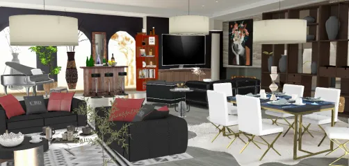 Sala con zona de TV, con una barra para picar, escuchar música, comedor y zona para tee o café 