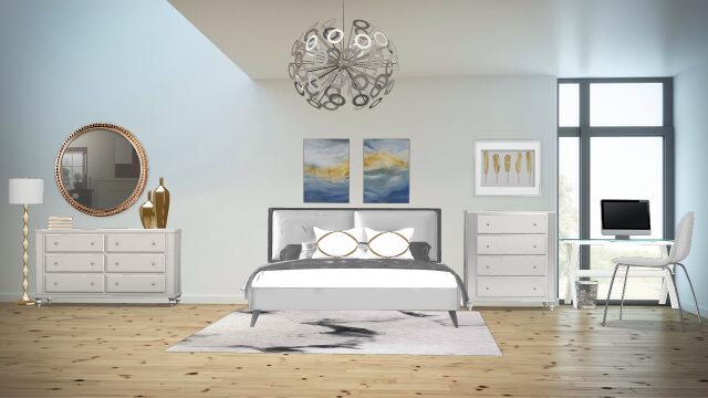 Gold,white,and blue bedroom Design Rendering