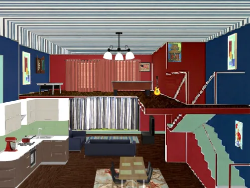 Upstairs downstairs. Red blue and pale green