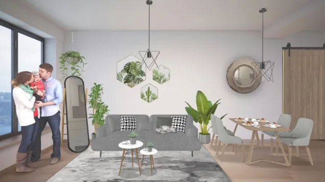 salón con comedor integrado en un espacio pequeño, minimalista y con mucho verde 