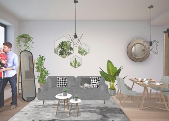 salón con comedor integrado en un espacio pequeño, minimalista y con mucho verde  Design Rendering