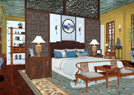 Chinese Gold Bedroom Design Rendering