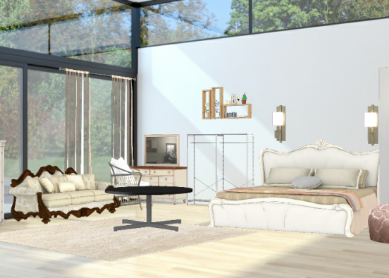 Спальня с большими стекляными окнам  Design Rendering
