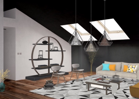 Industrial Black and White Living Room Design Rendering