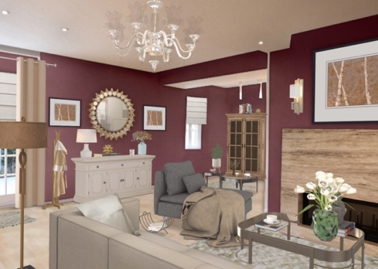 burgundy living room  Design Rendering
