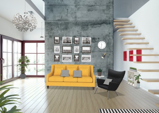 Natural light. Modern Black n White with pop of Yellow Design Rendering