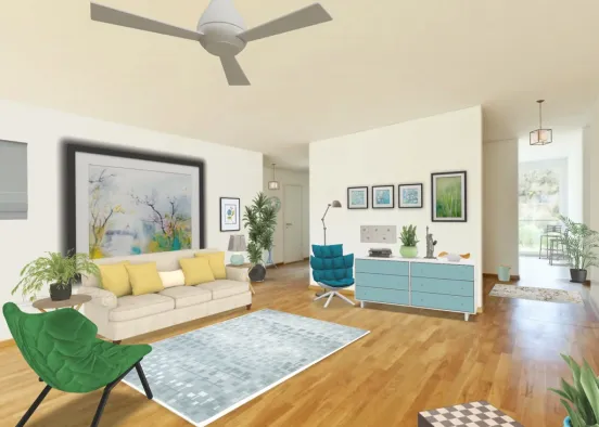 Open Family Living area: blues and greens  Design Rendering