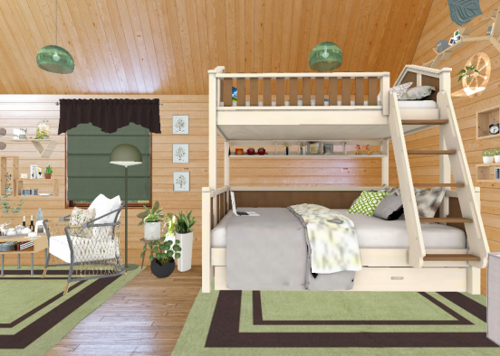 Twins Upstairs Bedroom in Brown and Green Design Rendering