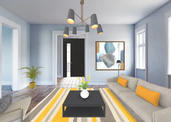 living room in shades of yellow and black-salon au tons de jaune et de noir Design Rendering