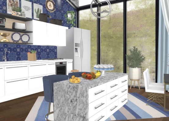 blue kitchen with white  Design Rendering