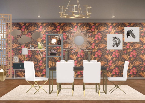 dining room with gold and pink color  Design Rendering