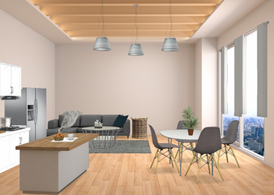 Living room+kitchen=Studio Design Rendering