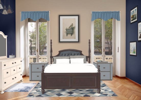 Super Cute Navy Bedroom Design Rendering