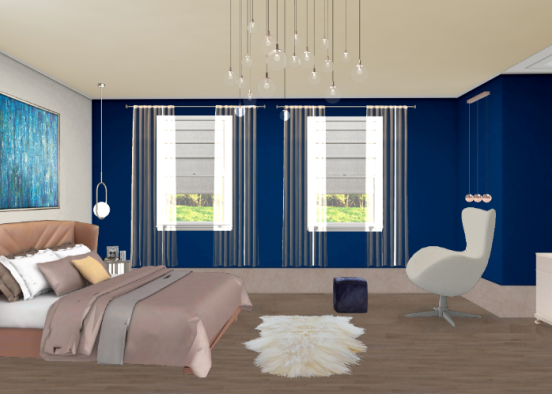 Blue, gold and pink bedroom Design Rendering