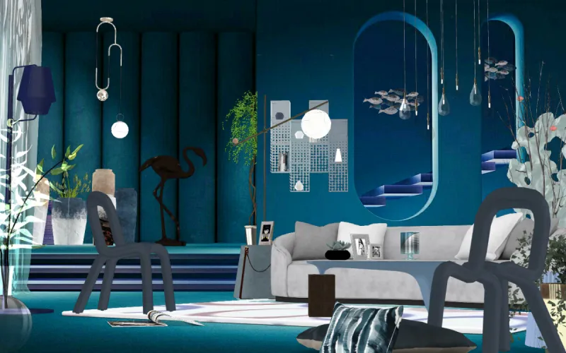 Cocktail-themed living room with navy walls, nautical accents, and glowing blue ambient lighting
