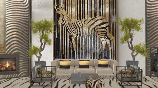 Grand Living Room featuring gold zebra art installation #sanctuaryforthesouldesigns #Nathalied #NathalieduMortier