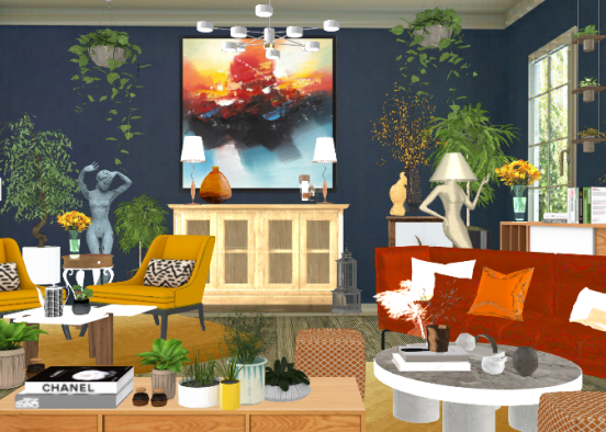 A funky boho living room Design Rendering