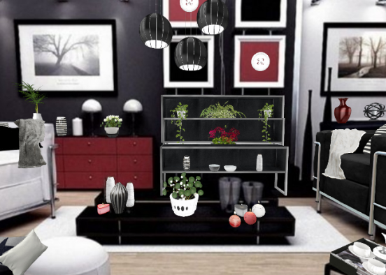 Sala blanco, negro y rojo Design Rendering